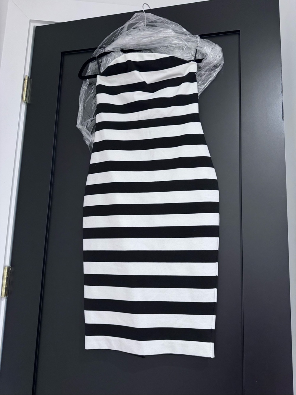 Express Strapless Black and White Striped Bodycon Dress